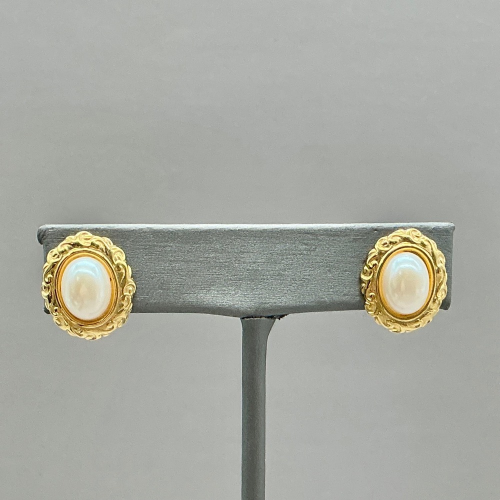 Napier Earrings Women Gold Faux Pearl Oval Stud Vintage Classic Textured Border